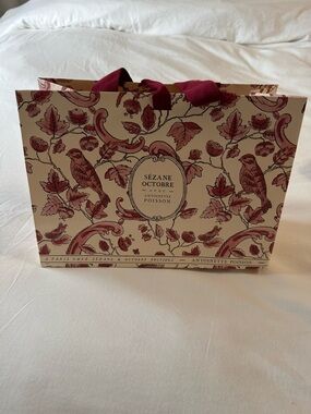 Sezane Cream Gift Bag with Burgundy Floral & Bird Print
